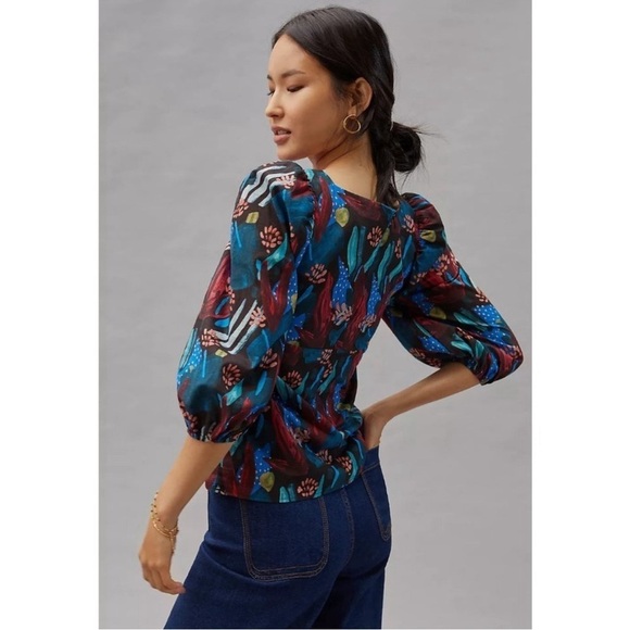 Anthropologie Eva Franco Blue Tropical Sweetheart Neck Blouse Puff Sleeve NWT 8 - Picture 2 of 4